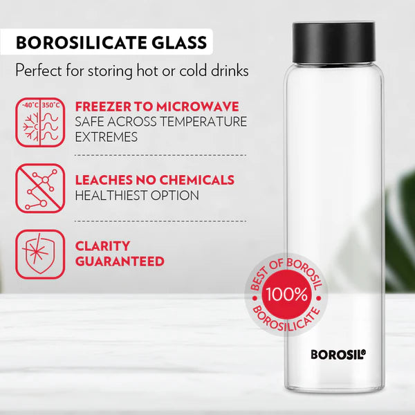 Borosil Crysto Wide Mouth Clear Glass Bottle 1L - Black Lid