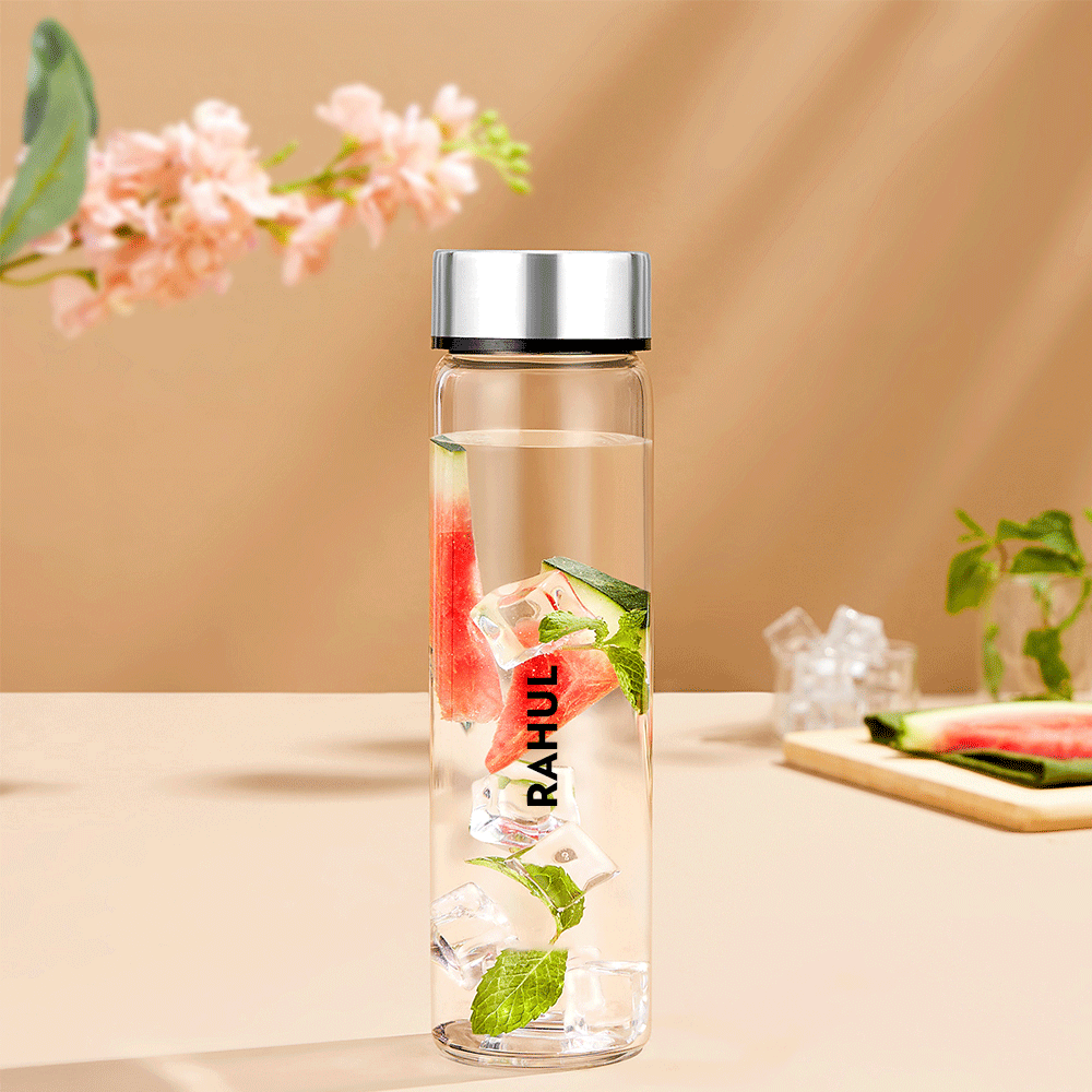 Borosil Personalised Neo Borosilicate Clear Glass Bottle 550ml - Silver Lid