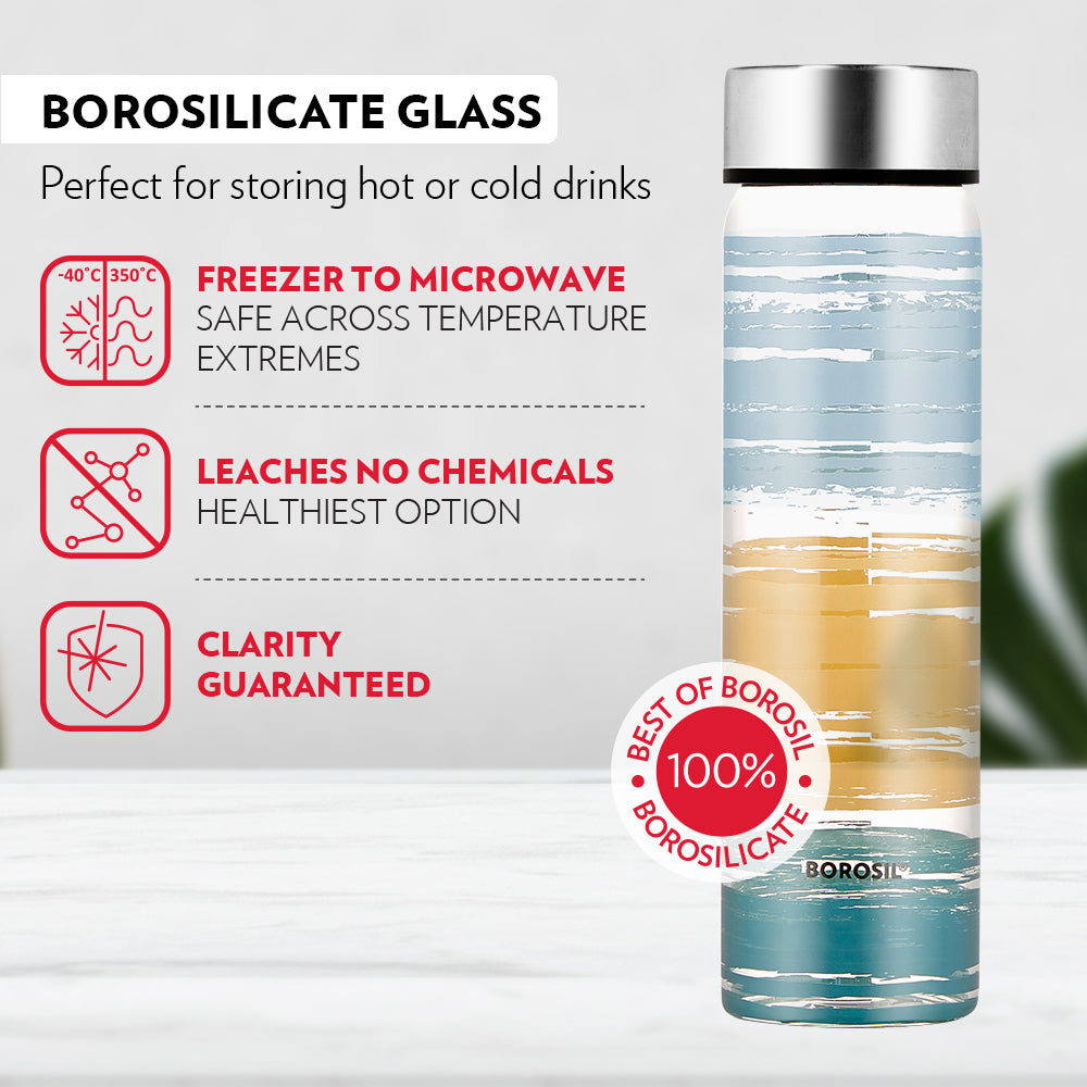 Borosil Neo Wide Mouth Glance Glass Bottle 550ml - Silver Lid