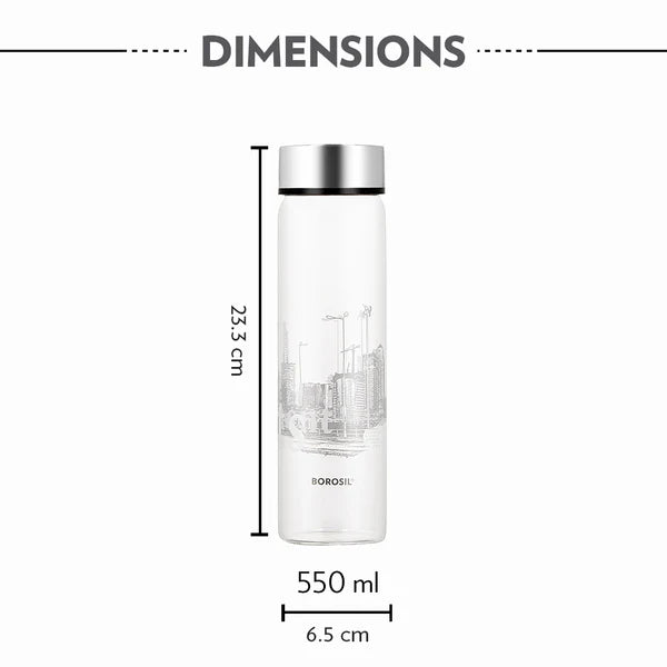 Borosil Neo Wide Mouth Roma Glass Bottle 550ml - Silver Lid