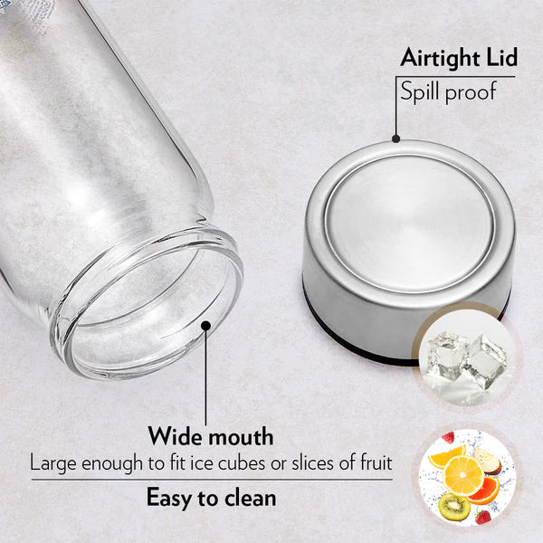Borosil Neo Wide Mouth Roma Glass Bottle 550ml - Silver Lid