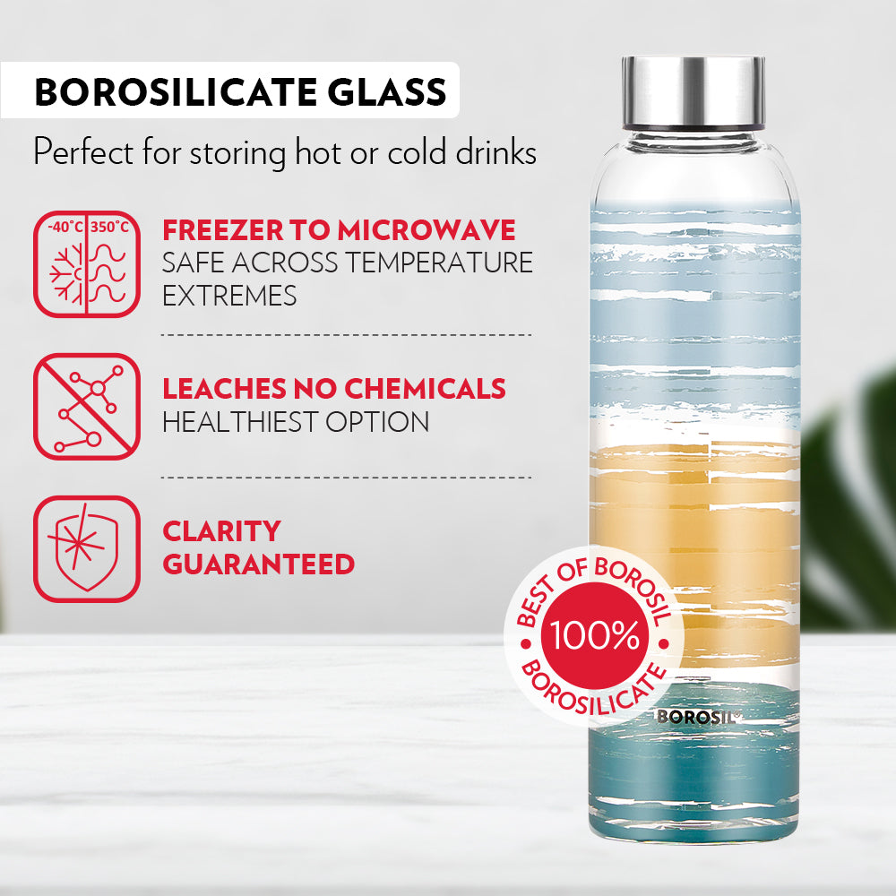 Borosil Neo Narrow Mouth Glance Glass Bottle 550ml - Silver Lid