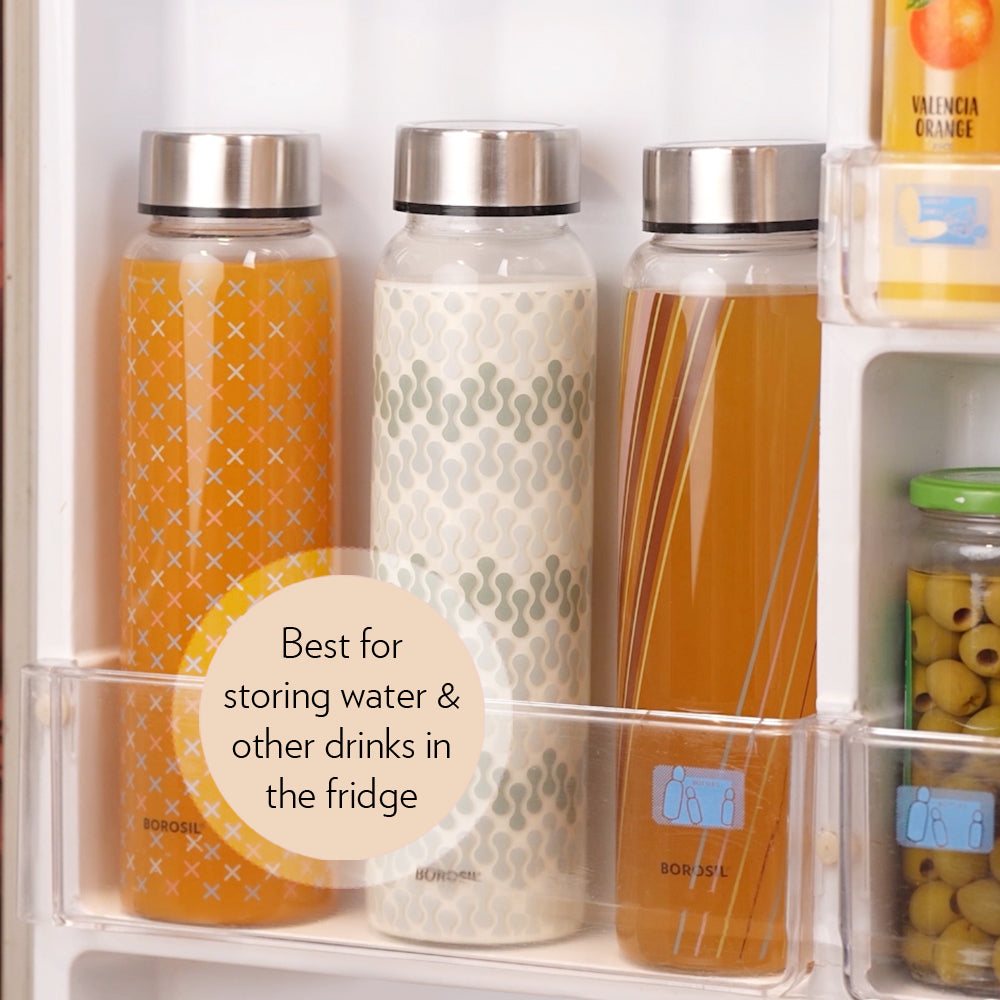 Borosil Neo Narrow Mouth Prism Glass Bottle 550ml - Silver Lid
