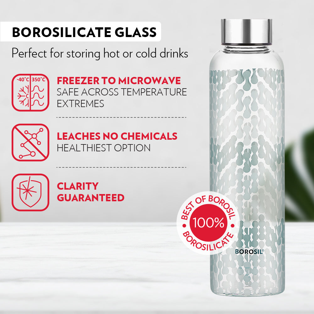 Borosil Neo Narrow Mouth Vista Glass Bottle 550ml - Silver Lid