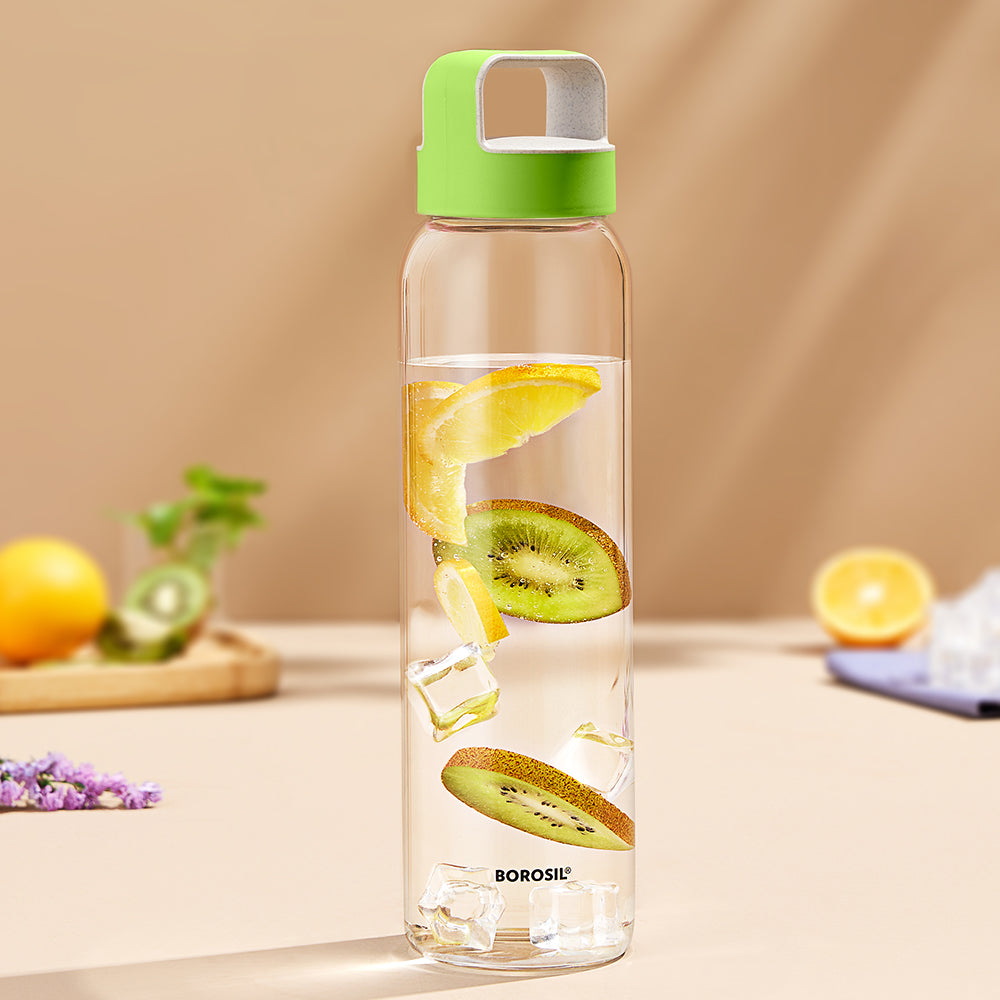 Borosil Neo Borosilicate Clear Glass Bottle 550ml - Green Lid