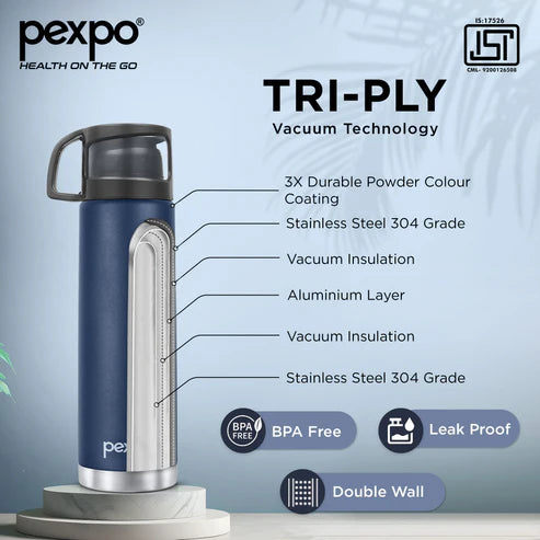 Pexpo Ferrero Thermo Steel Flask | Tri-Ply Vacuum Insulated Hot & Cold Bottle