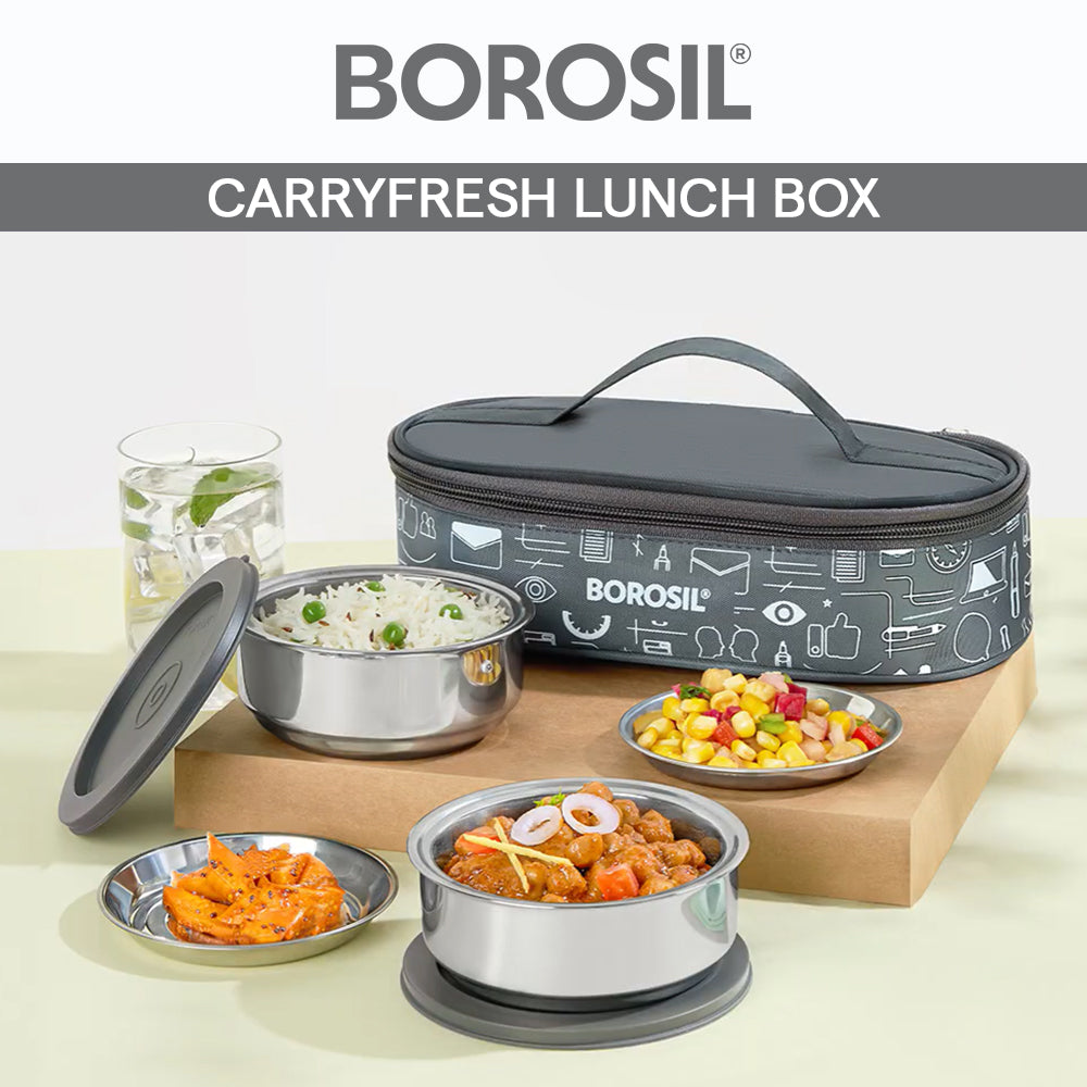 Borosil Carryfresh Round Stainless Steel Lunchbox Set of 4, 280ml x 2 + 180ml x 2