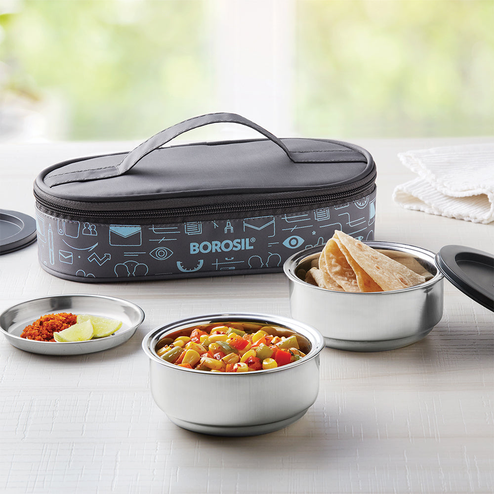 Borosil Carryfresh Round Stainless Steel Lunchbox, Set of 2, 180ml (Medium)