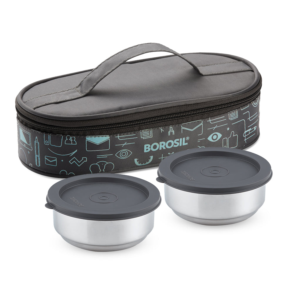 Borosil Carryfresh Round Stainless Steel Lunchbox, Set of 2, 180ml (Medium)