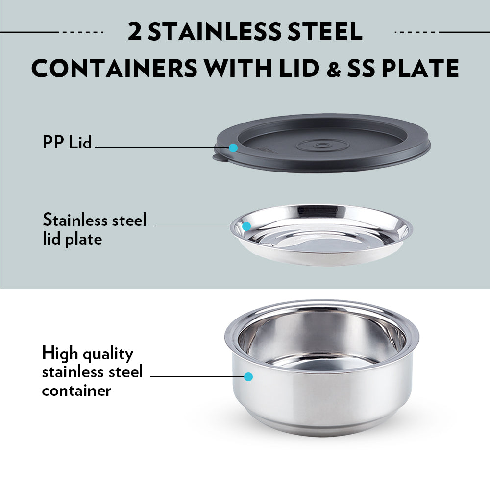 Borosil Carryfresh Round Stainless Steel Lunchbox, Set of 2, 180ml (Medium)
