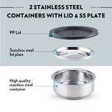 Borosil Carryfresh Round Stainless Steel Lunchbox, Set of 2, 180ml (Medium)