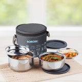 Borosil Carryfresh Round Stainless Steel Lunchbox, Set of 2, 280ml + 180ml (Large)