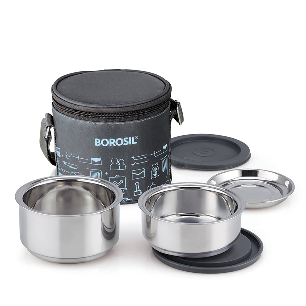 Borosil Carryfresh Round Stainless Steel Lunchbox, Set of 2, 280ml + 180ml (Large)