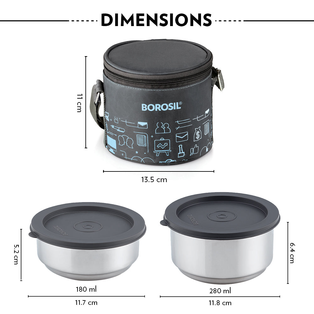 Borosil Carryfresh Round Stainless Steel Lunchbox, Set of 2, 280ml + 180ml (Large)