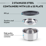 Borosil Carryfresh Round Stainless Steel Lunchbox, Set of 2, 280ml + 180ml (Large)