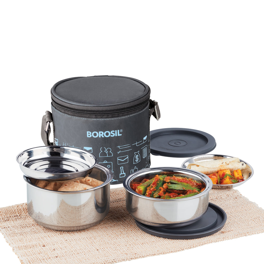 Borosil Carryfresh Round Stainless Steel Lunchbox, Set of 2, 280ml + 180ml (Large)