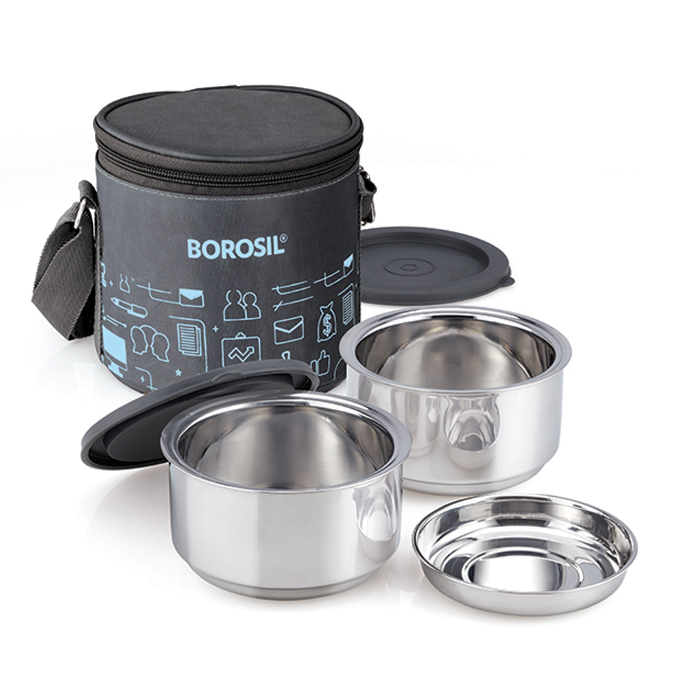 Borosil Carryfresh Round Stainless Steel Lunchbox Set of 2, 280ml