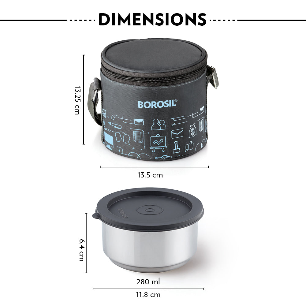 Borosil Carryfresh Round Stainless Steel Lunchbox Set of 2, 280ml