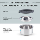 Borosil Carryfresh Round Stainless Steel Lunchbox Set of 2, 280ml