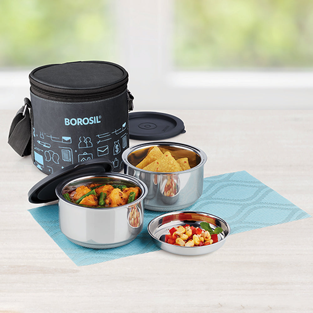 Borosil Carryfresh Round Stainless Steel Lunchbox Set of 2, 280ml