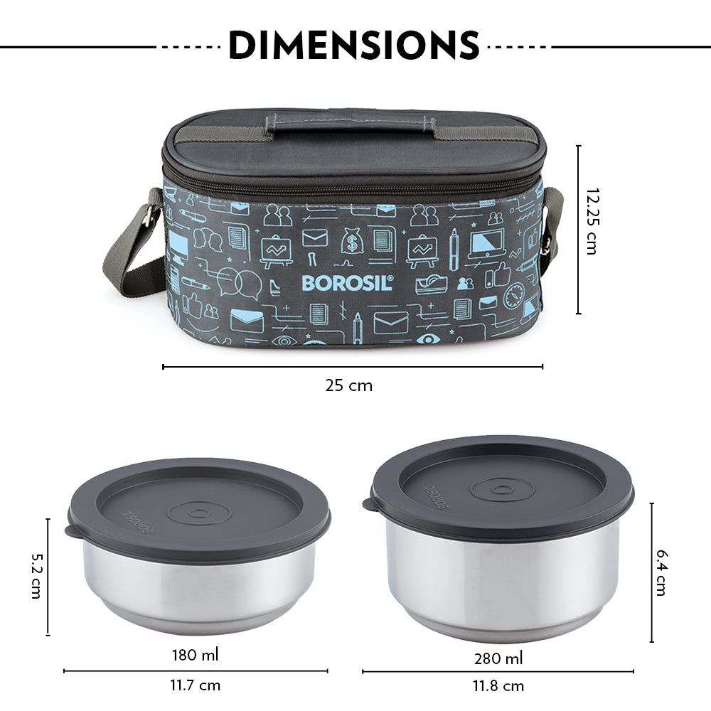 Borosil Carryfresh Round Stainless Steel Lunchbox Set of 4, 280ml x 2 + 180ml x 2