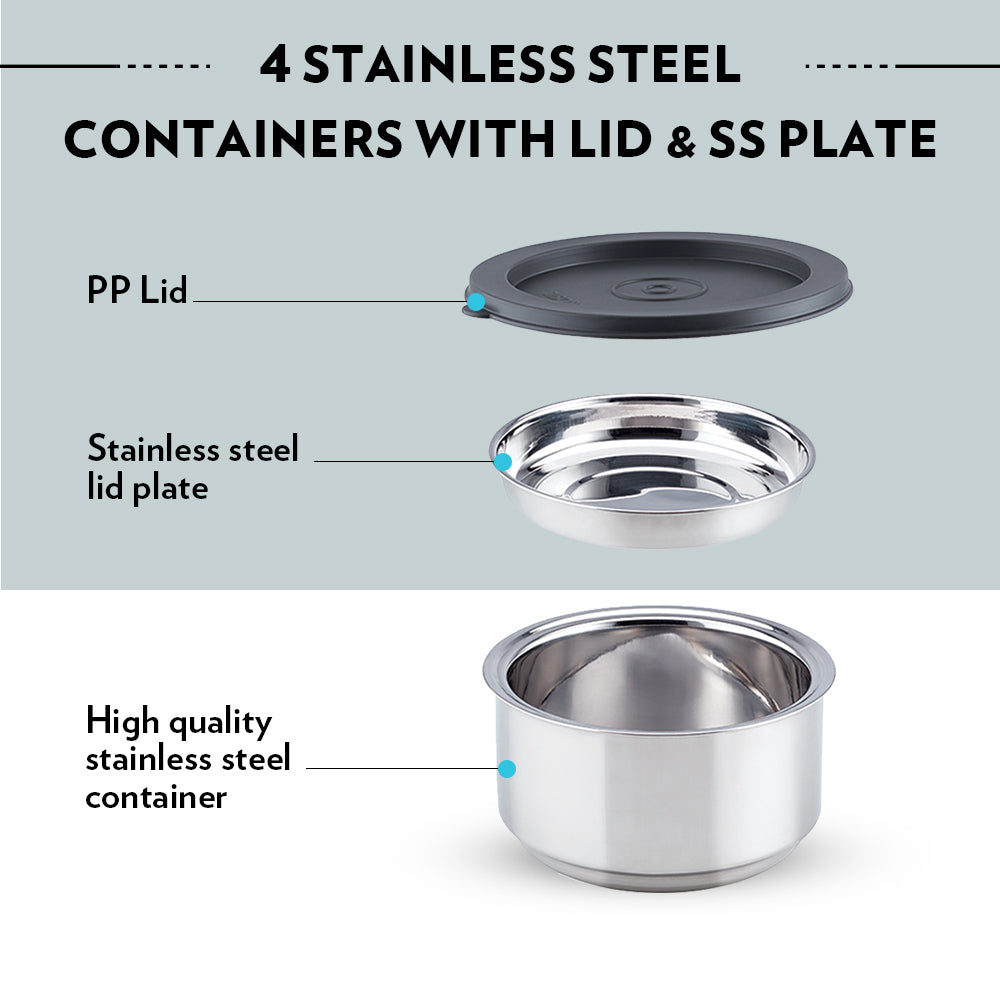 Borosil Carryfresh Round Stainless Steel Lunchbox Set of 4, 280ml x 2 + 180ml x 2