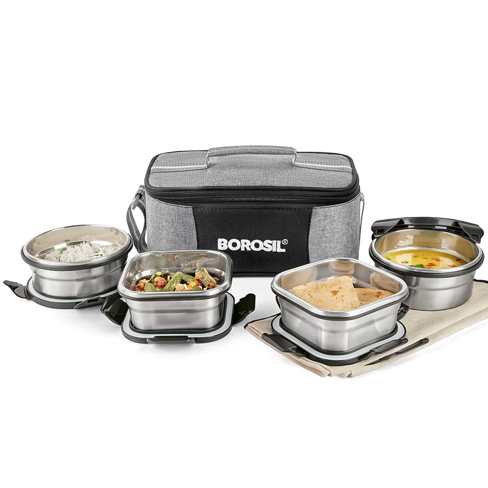 Borosl Feast Universal Stainless Steel Lunch Box Set of 4, 400ml x 2 + 400ml x 2
