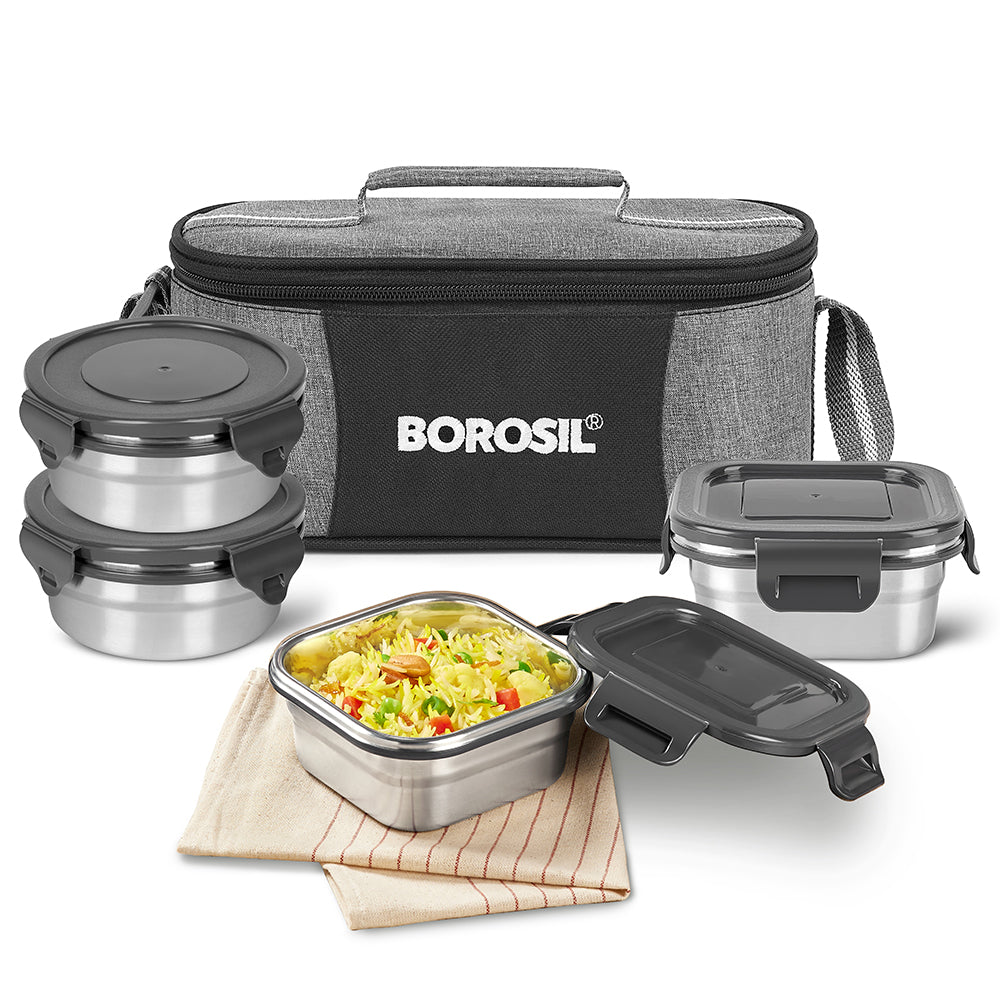 Borosl Feast Universal Stainless Steel Lunch Box Set of 4, 400ml x 2 + 400ml x 2