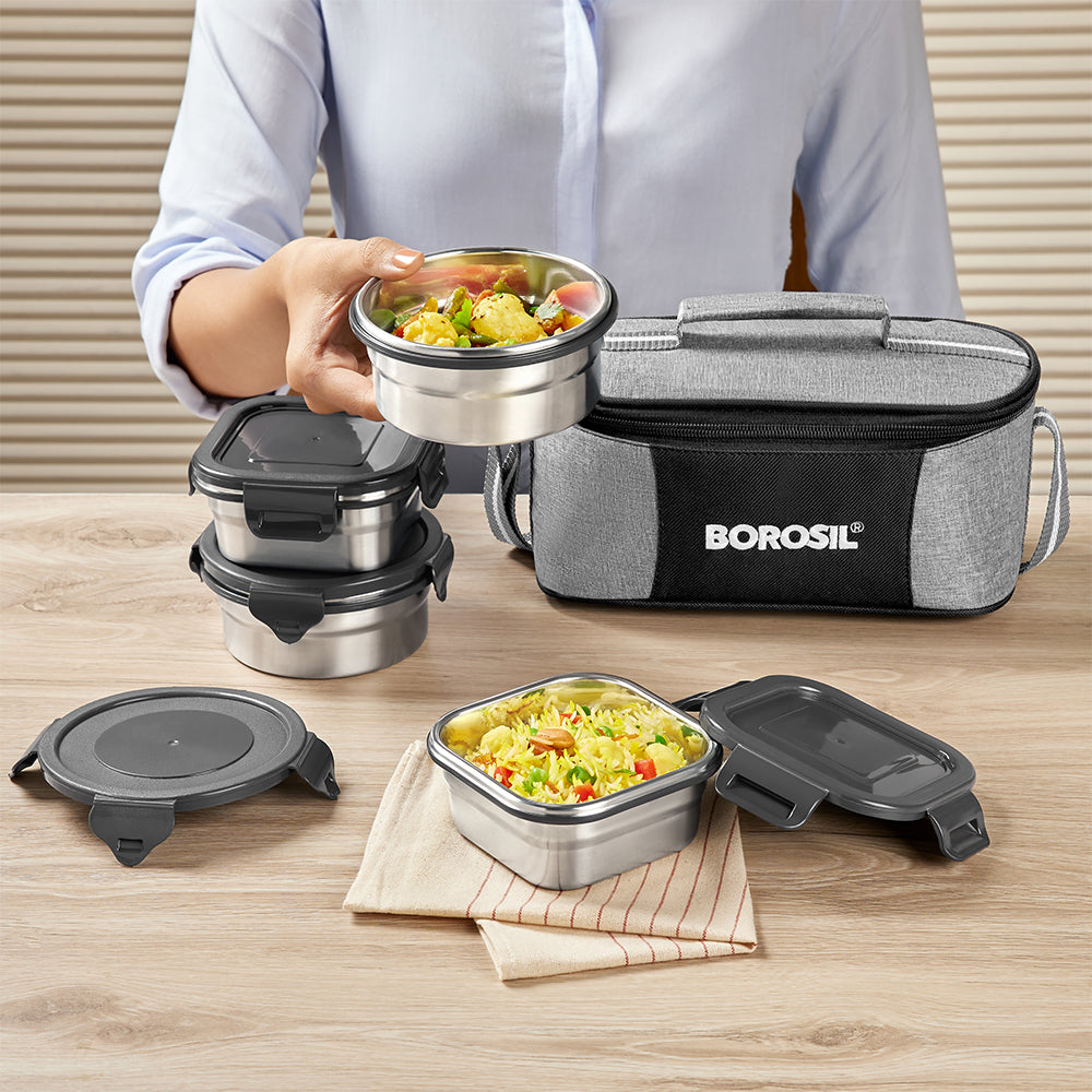 Borosl Feast Universal Stainless Steel Lunch Box Set of 4, 400ml x 2 + 400ml x 2
