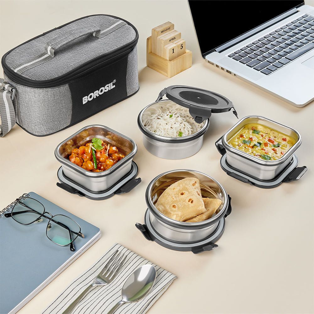 Borosl Feast Universal Stainless Steel Lunch Box Set of 4, 400ml x 2 + 400ml x 2