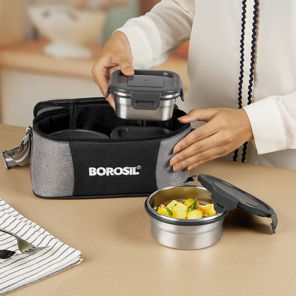Borosl Feast Universal Stainless Steel Lunch Box Set of 4, 400ml x 2 + 400ml x 2