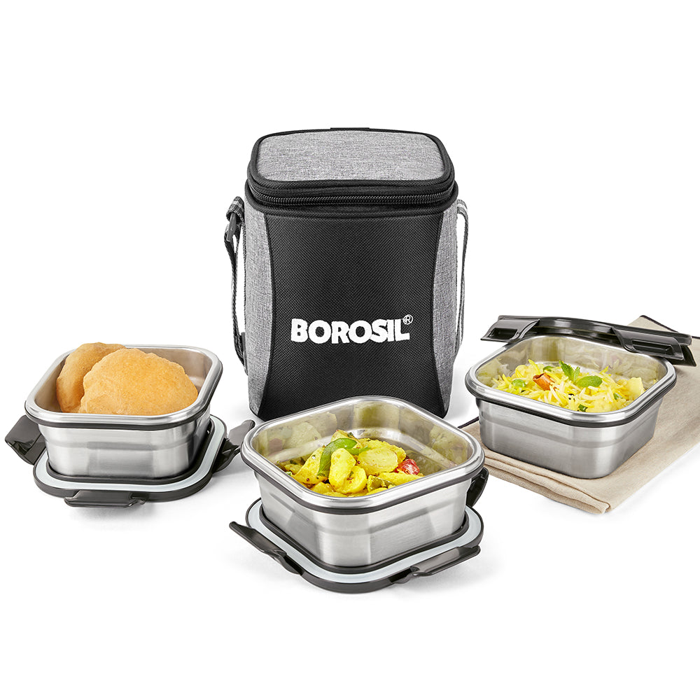 Borosil Feast Stainless Steel Square Tiffin Box ,Set of 3, 400ml