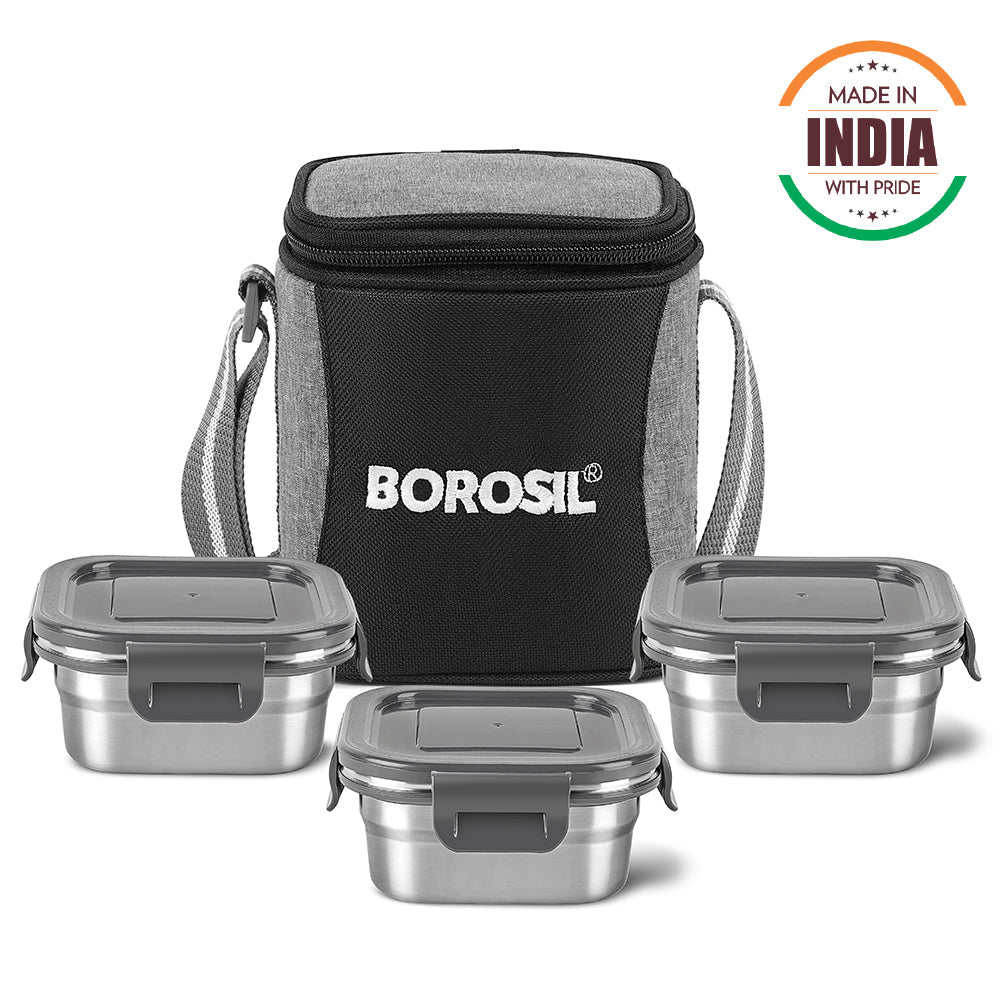 Borosil Feast Stainless Steel Square Tiffin Box ,Set of 3, 400ml
