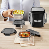 Borosil Feast Stainless Steel Square Tiffin Box ,Set of 3, 400ml