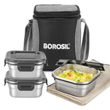 Borosil Feast Stainless Steel Square Tiffin Box ,Set of 3, 400ml
