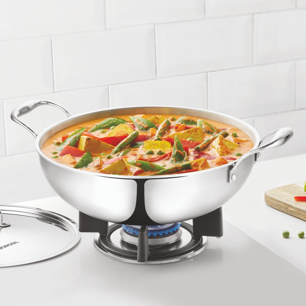 Borosil Cookfresh Triply Kadhai with Lid & Stainless Steel Handle
