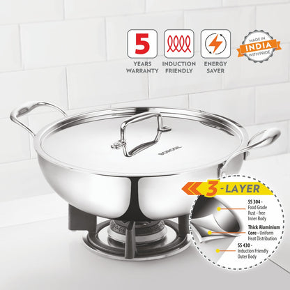 Borosil Cookfresh Triply Kadhai with Lid & Stainless Steel Handle