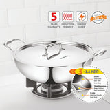 Borosil Cookfresh Triply Kadhai with Lid & Stainless Steel Handle
