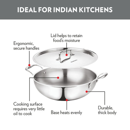 Borosil Cookfresh Triply Kadhai with Lid & Stainless Steel Handle
