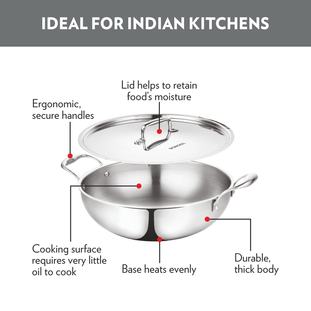 Borosil Cookfresh Triply Kadhai with Lid & Stainless Steel Handle