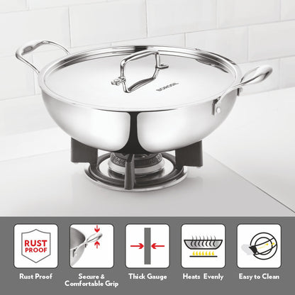 Borosil Cookfresh Triply Kadhai with Lid & Stainless Steel Handle