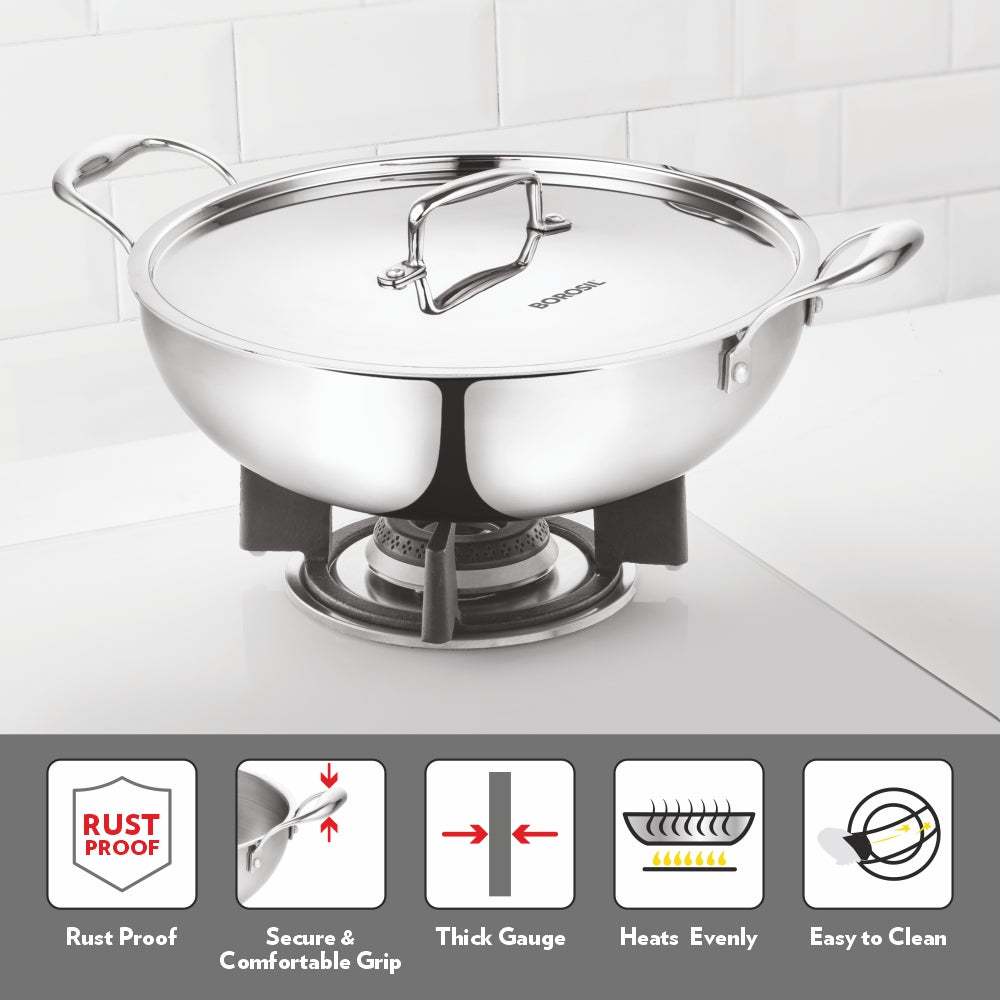 Borosil Cookfresh Triply Kadhai with Lid & Stainless Steel Handle
