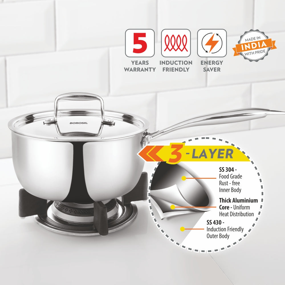 Borosil Cookfresh Triply Saucepan with Lid & Steel Handle