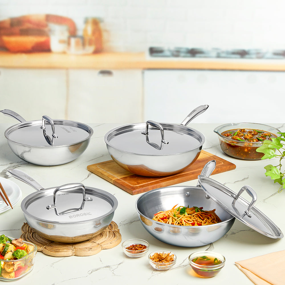 Borosil Cookfresh Stainless Steel Triply Wok with Lid