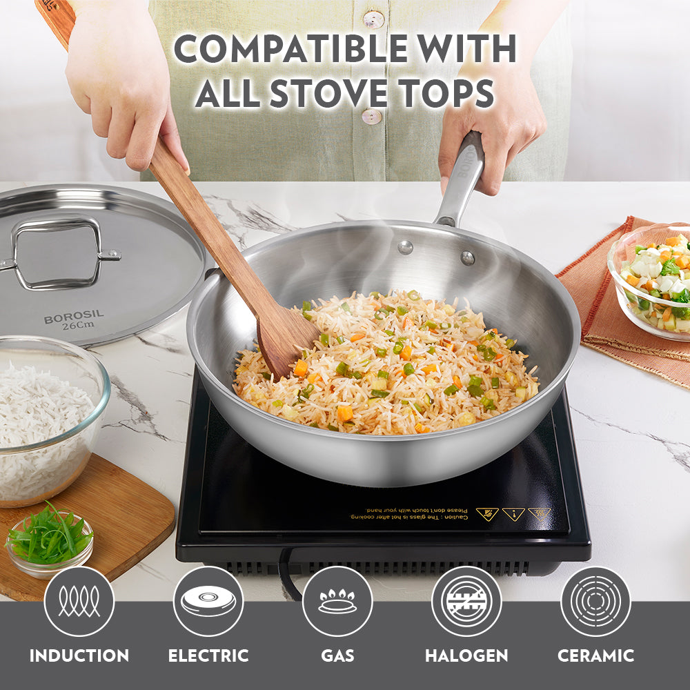 Borosil Cookfresh Stainless Steel Triply Wok with Lid