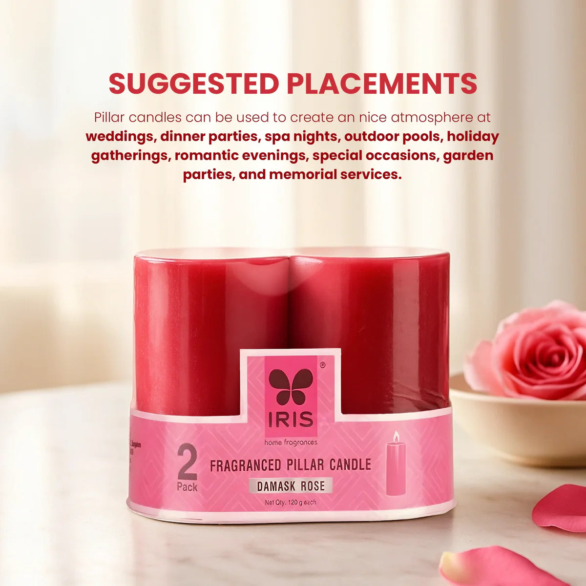 IRIS Damask Rose Fragranced Pillar Candles 120gm