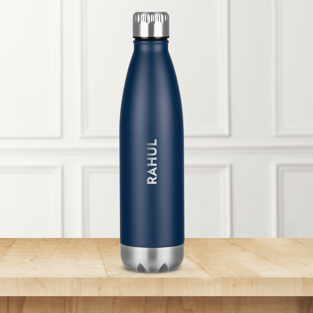 Borosil Personalised Bolt Double Wall Bottle, Matte Black and blue