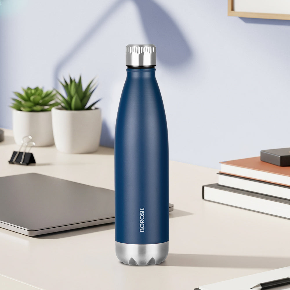 Borosil Personalised Bolt Double Wall Bottle, Matte Black and blue