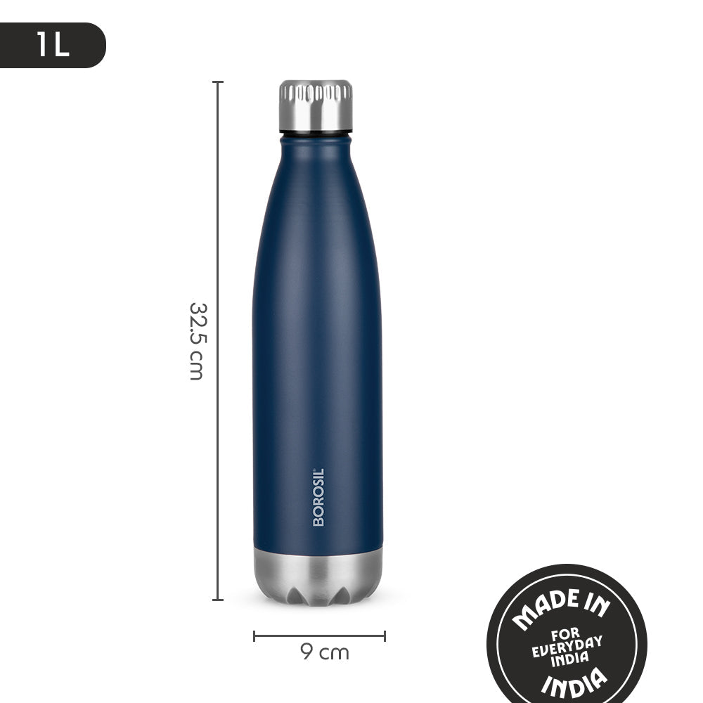 Borosil Personalised Bolt Double Wall Bottle, Matte Black and blue