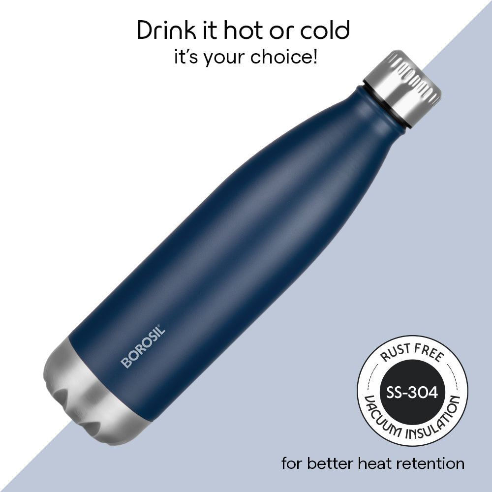 Borosil Personalised Bolt Double Wall Bottle, Matte Black and blue